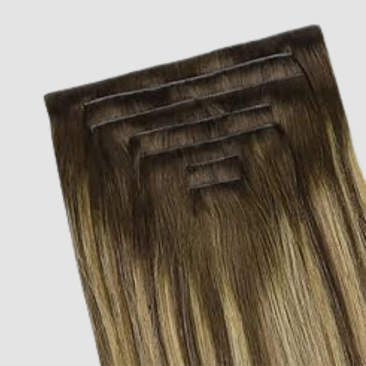 Invisible Clip-in 4/27/4 – Mörkbrun & Karamellblond Balayage Bsextensions