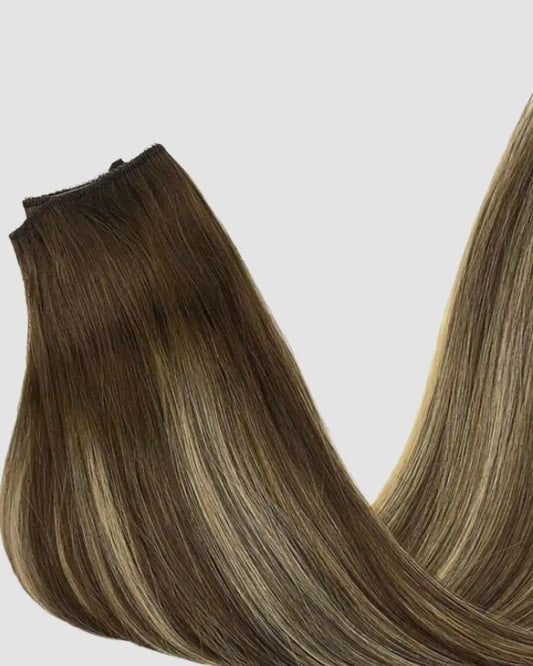 Halo Extensions – Djup Brun Balayage med Varma Blonda Skiftningar, #4/26/4