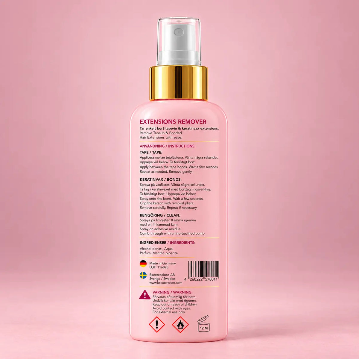 B’s Extensions Glue Remover 100 ml – baksida med användning och ingredienser
