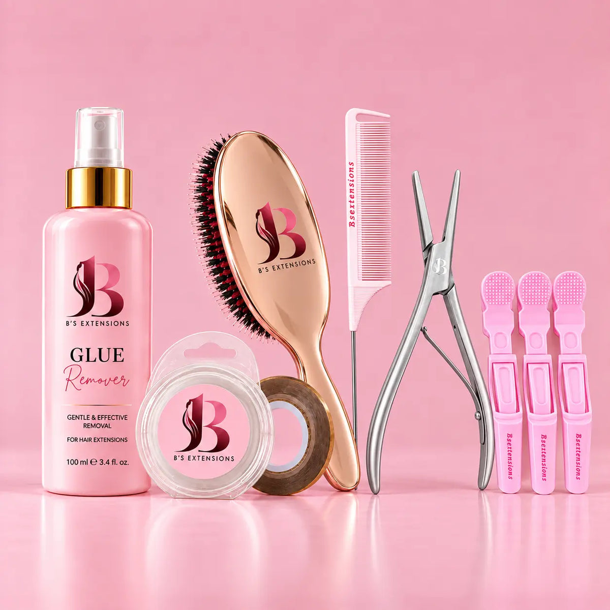 Bsextensions Tejp-in Starter Kit med Glue Remover 100 ml, borste, refilltejp, pinnkam, tejptång och tre rosa hårklämmor