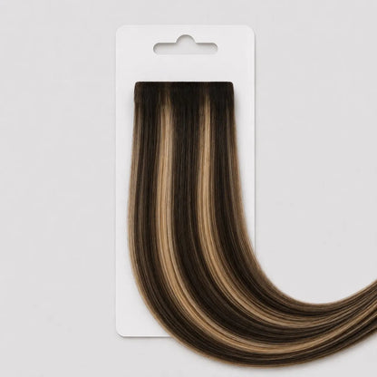 Invisible Tape-in Extensions – #4B/26/4B Mörkbrun med Ljusblonda Slingor Min butik