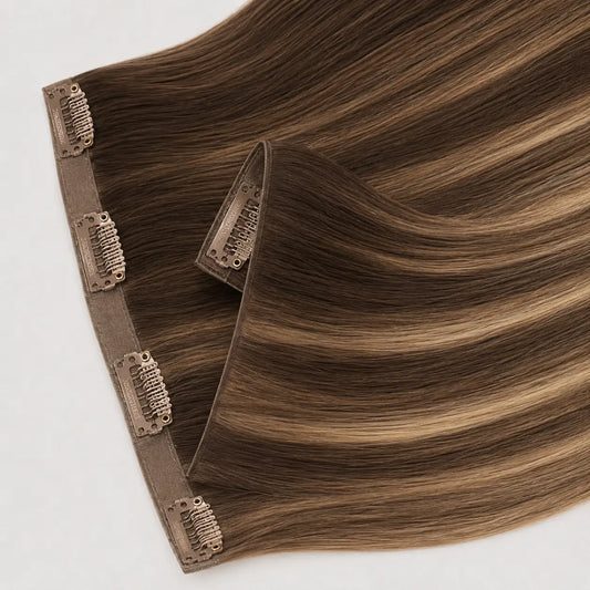 Invisible Clip-in 4/27/4 – Mörkbrun & Karamellblond Balayage Bsextensions