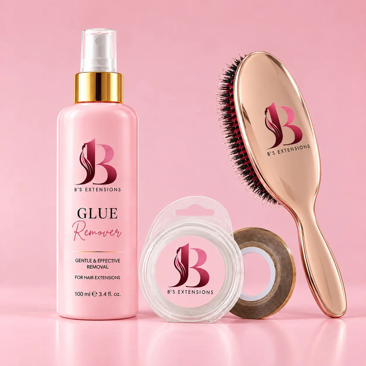 B’s Extensions Luxury Care Set med Glue Remover 100 ml, refilltejp och hårborste