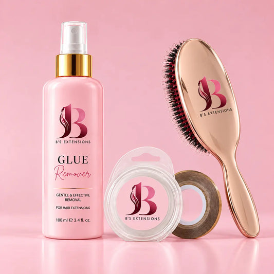 B’s Extensions Luxury Care Set med Glue Remover 100 ml, refilltejp och hårborste