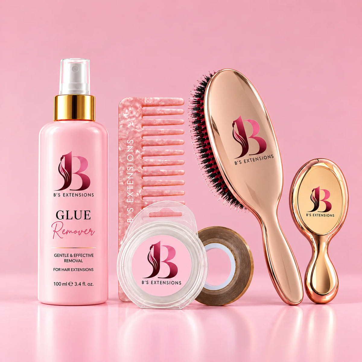 Ultra Luxury Care Set med Glue Remover 100 ml, rosa kam, refilltejp, hårborste och minihårborste i rosé