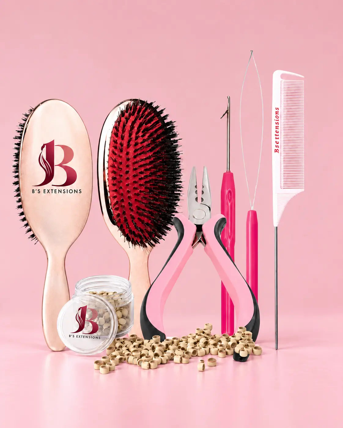 B’s Extensions Weft Starter Kit med hårborste, microringar, tång, nål, ögla och pinnkam