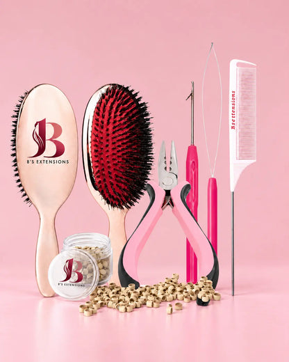 B’s Extensions Weft Starter Kit med hårborste, microringar, tång, nål, ögla och pinnkam